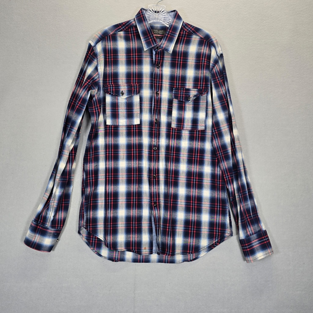 Zara Shirt Mens M Taylored Fit Classic Sport Plaid Blue Red